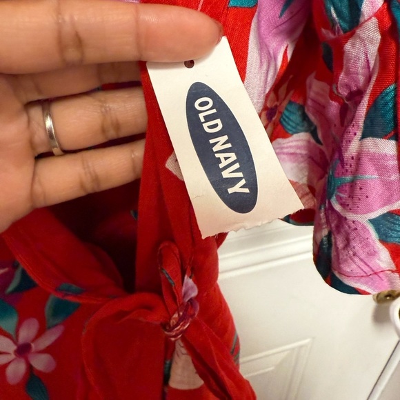 Old Navy Deep V Neck Waist-Defined Bell-Sleeve Faux-Wrap Red Mini Dress Large - Picture 8 of 11